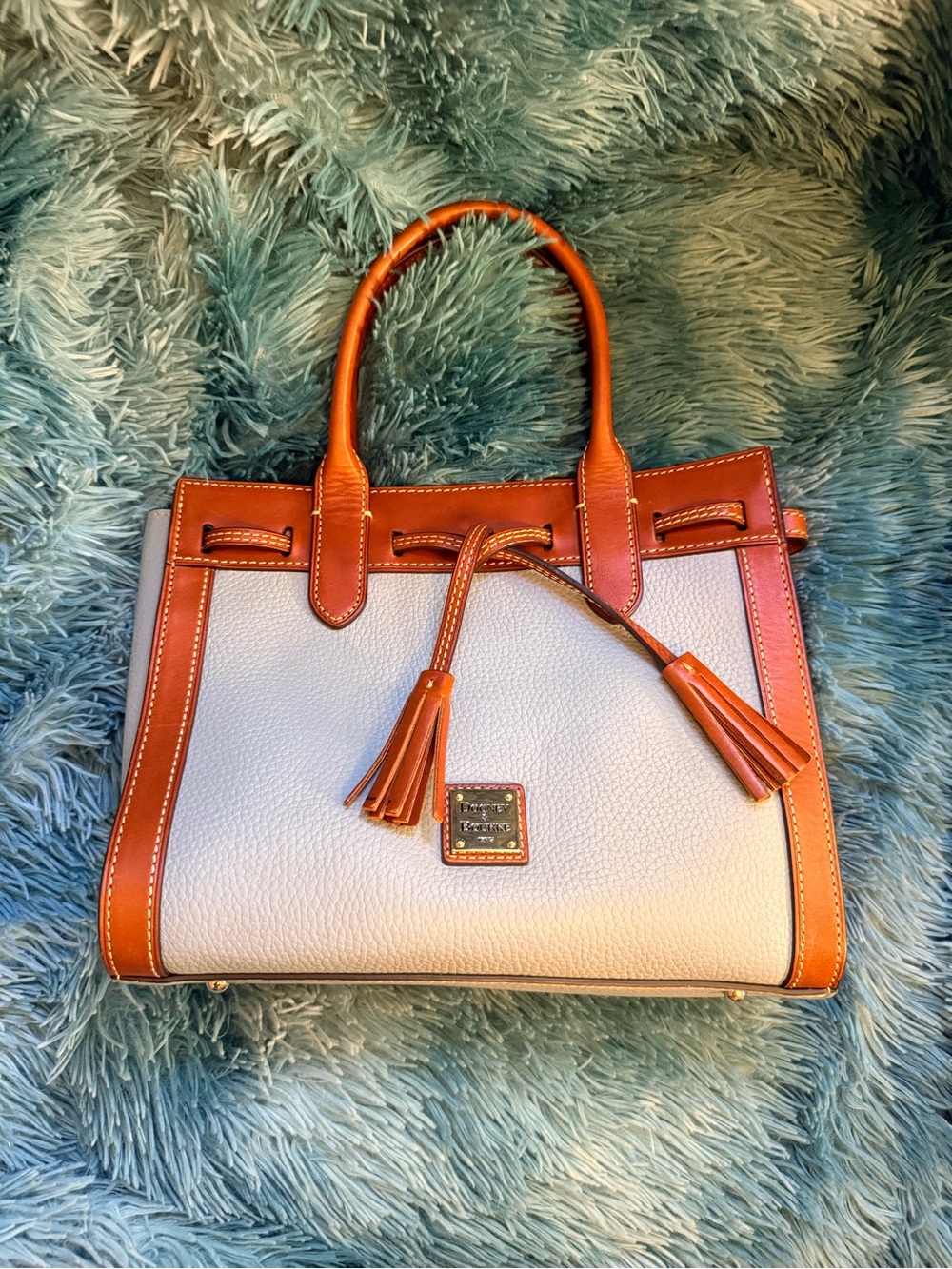 Dooney & Bourke White Pebble Leather Tote with Saddle Trim